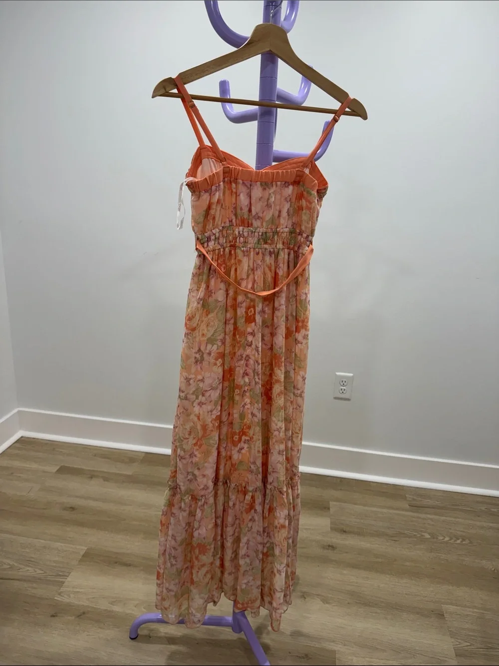 Floral Orange Pink Maxi Dress with Tie Waist